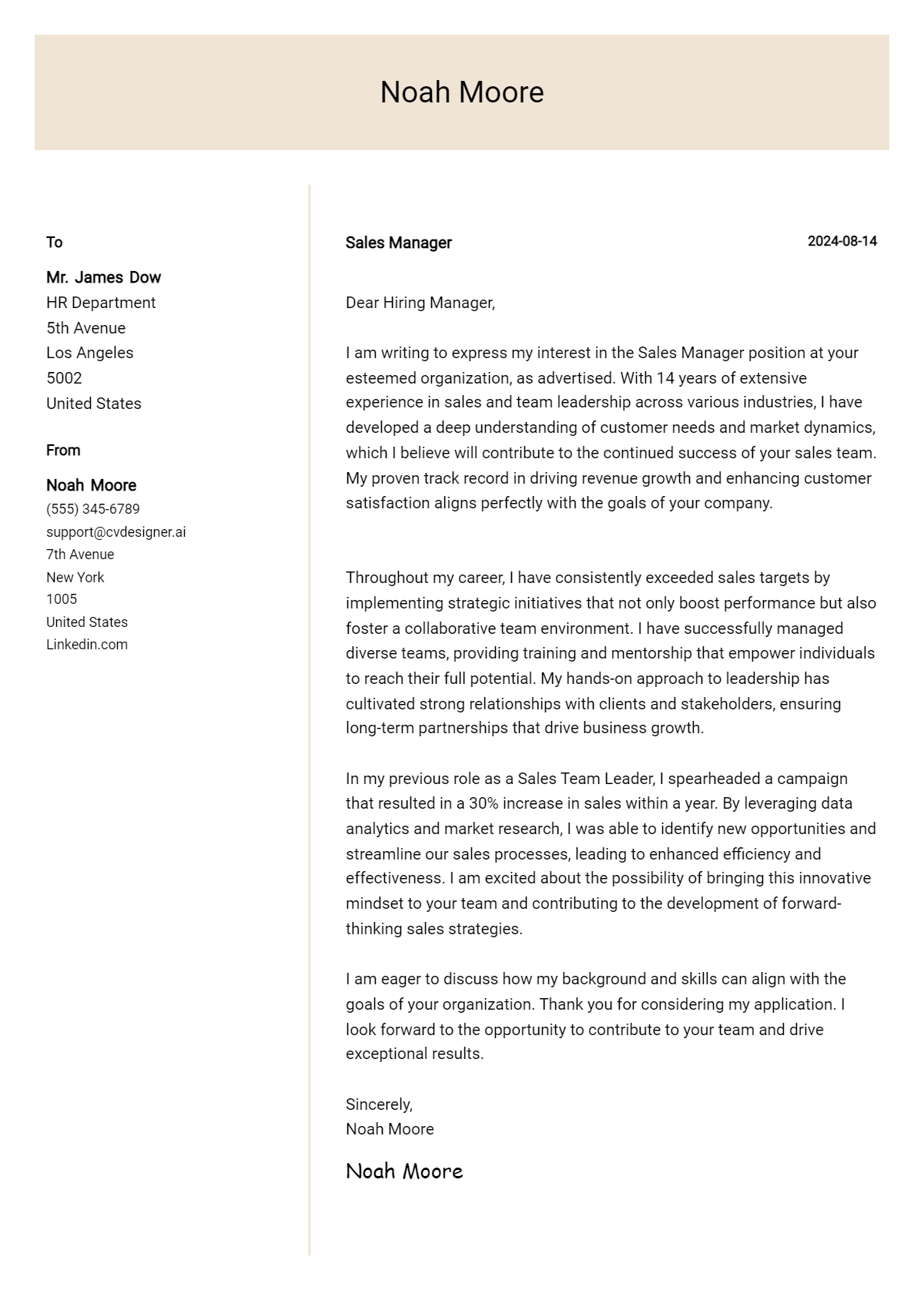 sales manager cover letter example