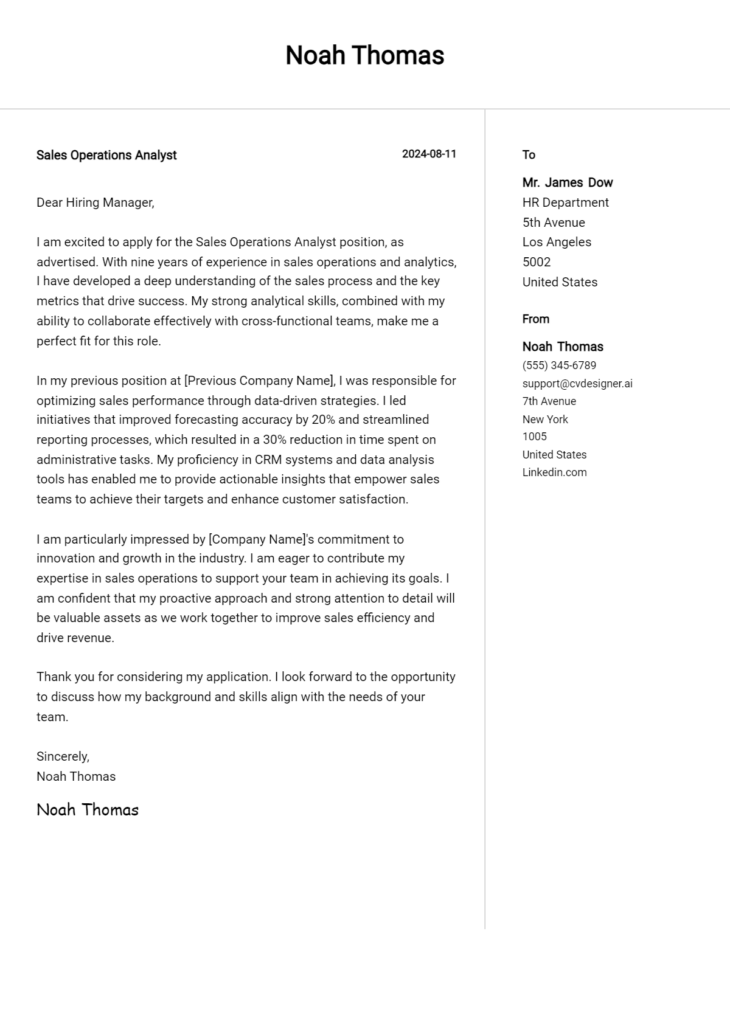 sales operations analyst cover letter example