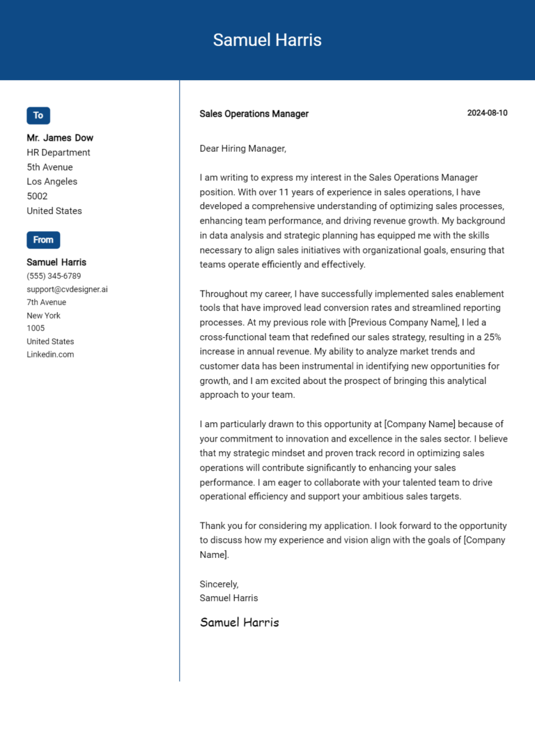 14 Sales Operations Manager Cover Letter Examples & Samples for 2025