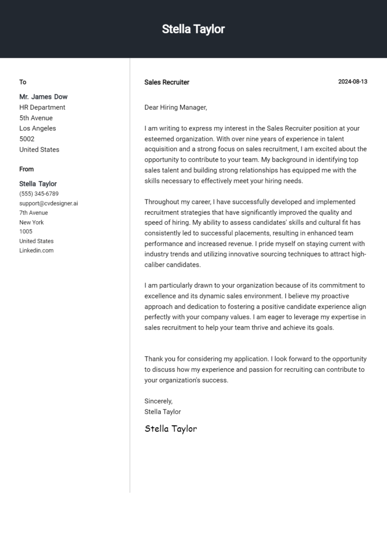 15 Sales Recruiter Cover Letter Example for 2025 (Writing Guide)