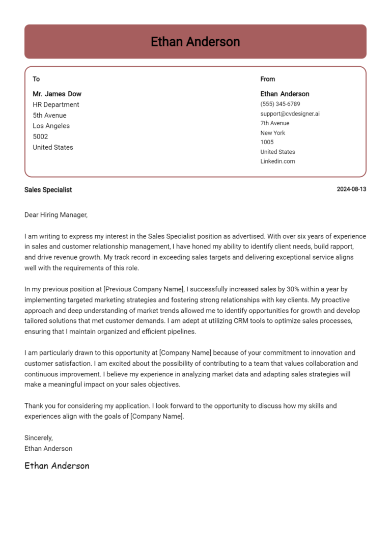 19 Sales Specialist Cover Letter Examples for 2025 (Free Templates)