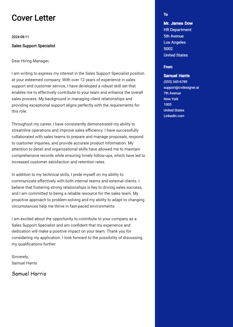 26 Sales Support Specialist Cover Letter Examples for 2025 (Download Templates)