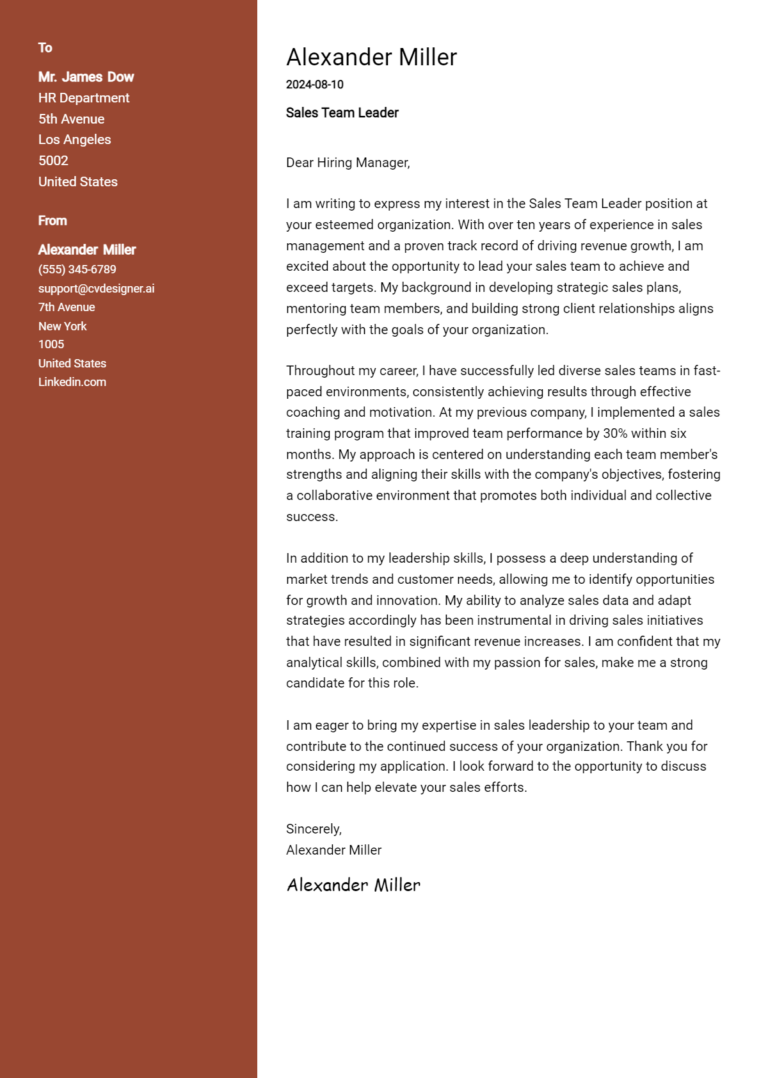 26 Sales Team Leader Cover Letter Examples for 2025 (Download Templates)