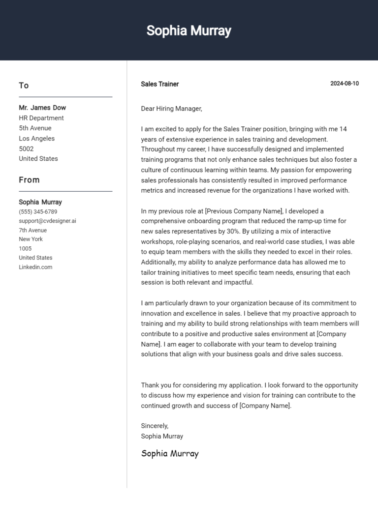 12 Sales Trainer Cover Letter Example for 2025: Free Templates