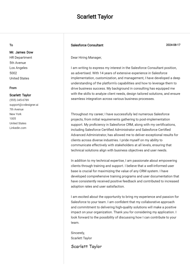19 Salesforce Consultant Cover Letter Examples for 2025: Free Templates