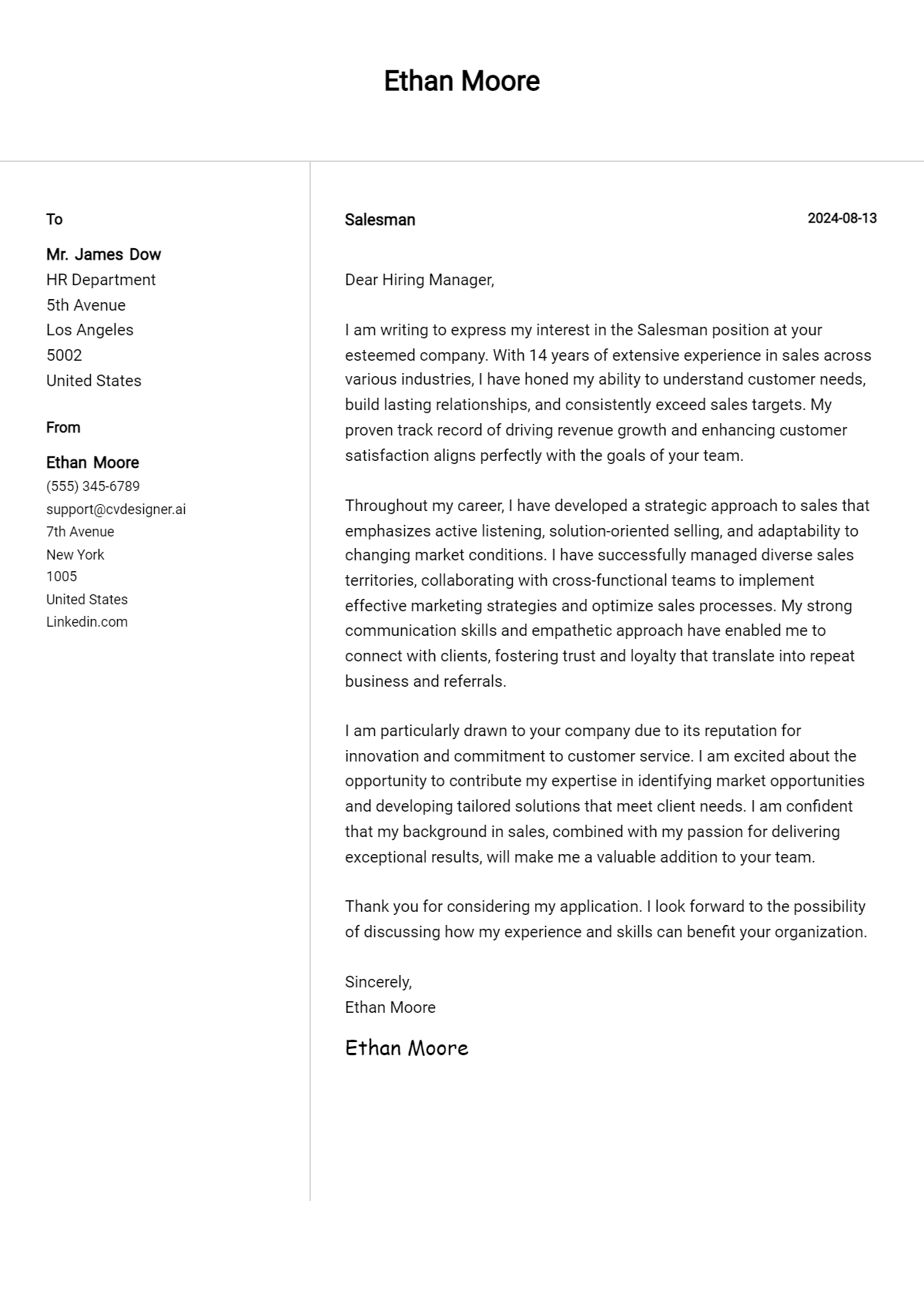 salesman cover letter example