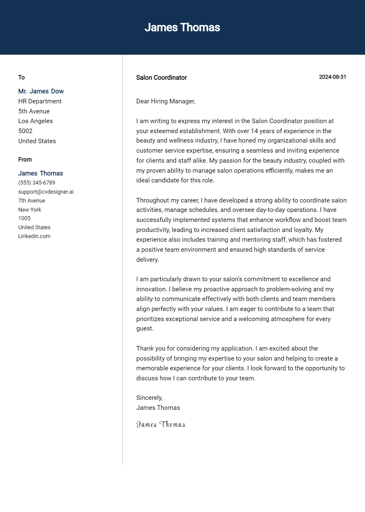 salon coordinator cover letter example