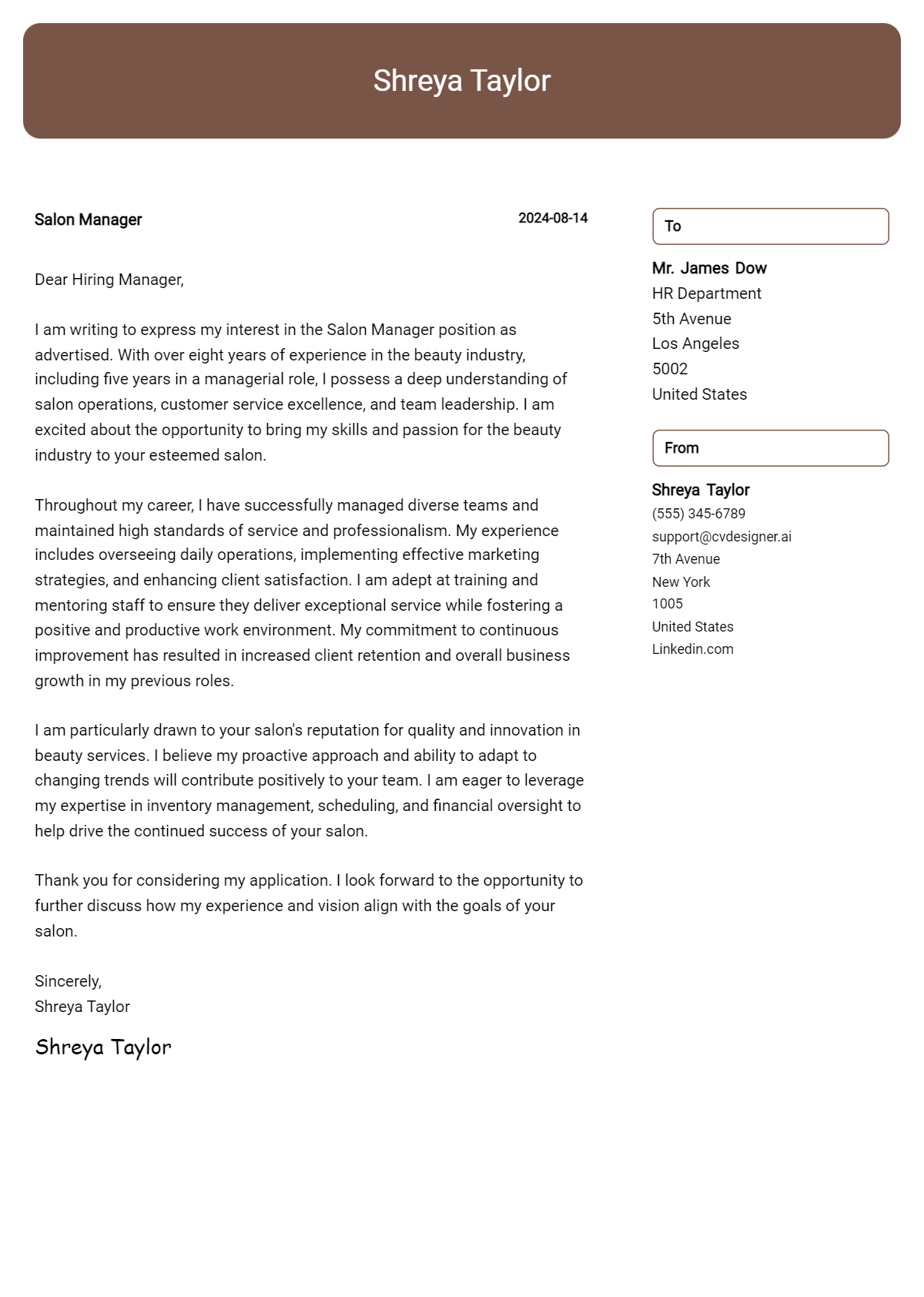 salon manager cover letter example