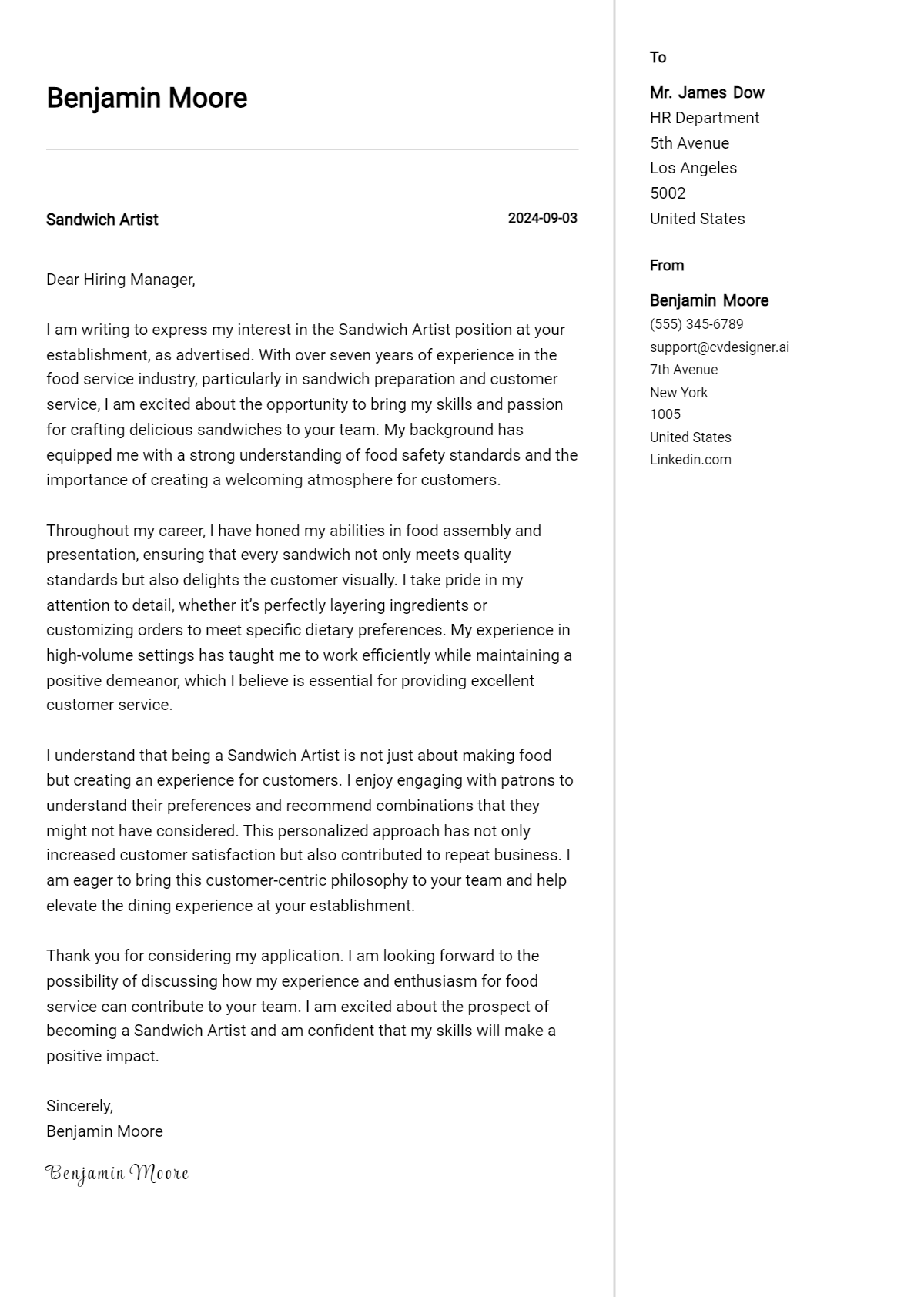 sandwich artist cover letter example