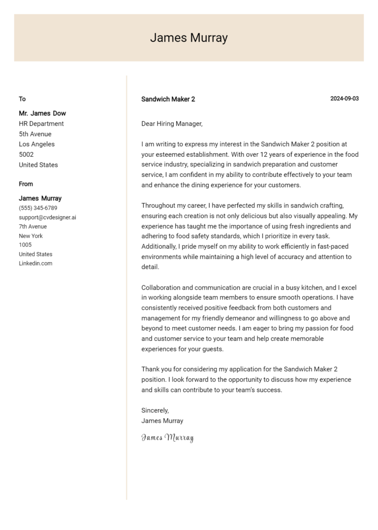 Sandwich Maker Cover Letter Example for 2025 (Download Templates)