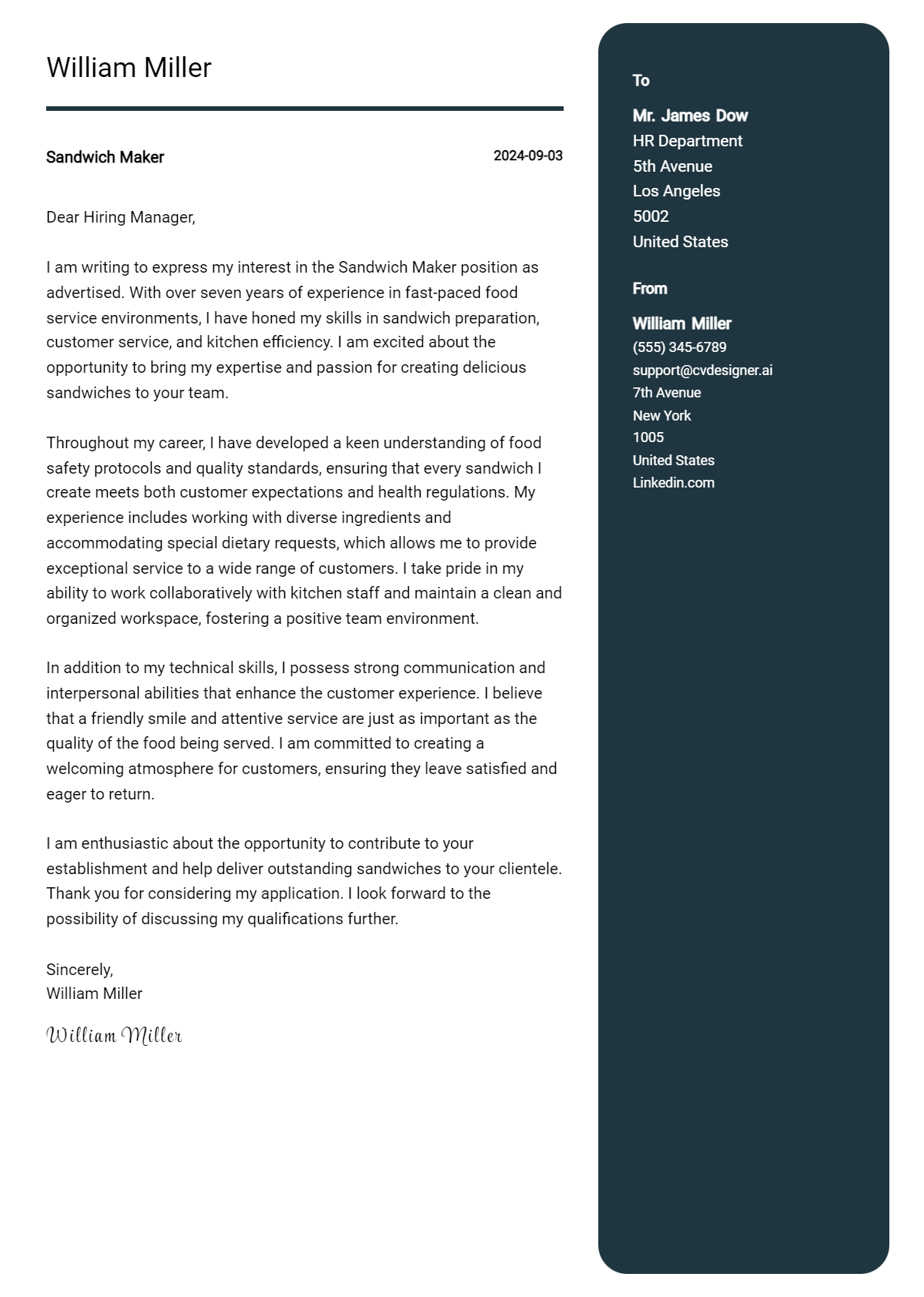 sandwich maker cover letter example