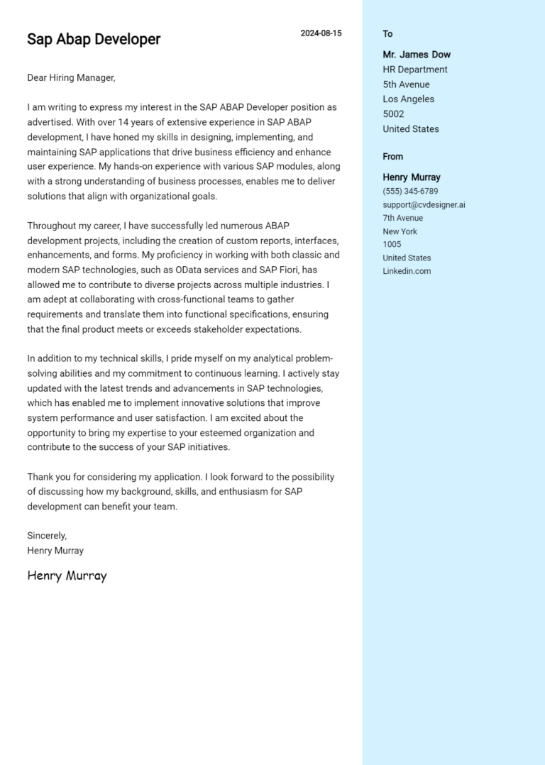 SAP ABAP Developer Cover Letter Examples & Samples for 2025
