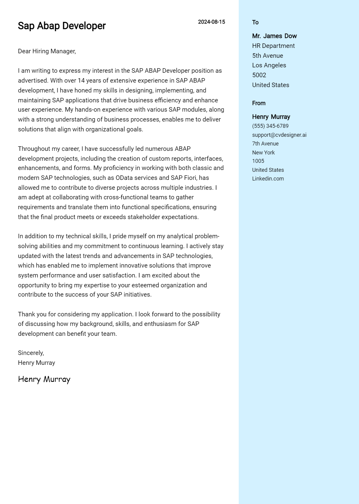 sap abap developer cover letter example