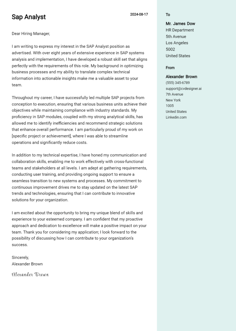 SAP Analyst Cover Letter Example for 2025 (Writing Guide)