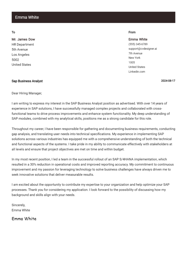 SAP Business Analyst Cover Letter Example for 2025: Tips & Templates