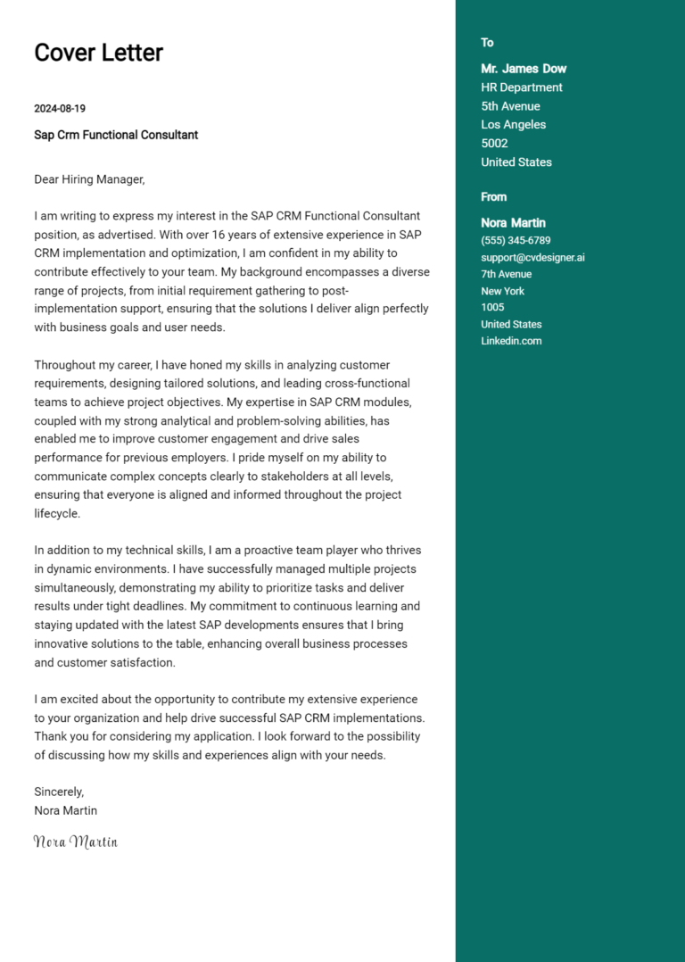 SAP CRM Functional Consultant Cover Letter Example for 2025: Top CV Skills