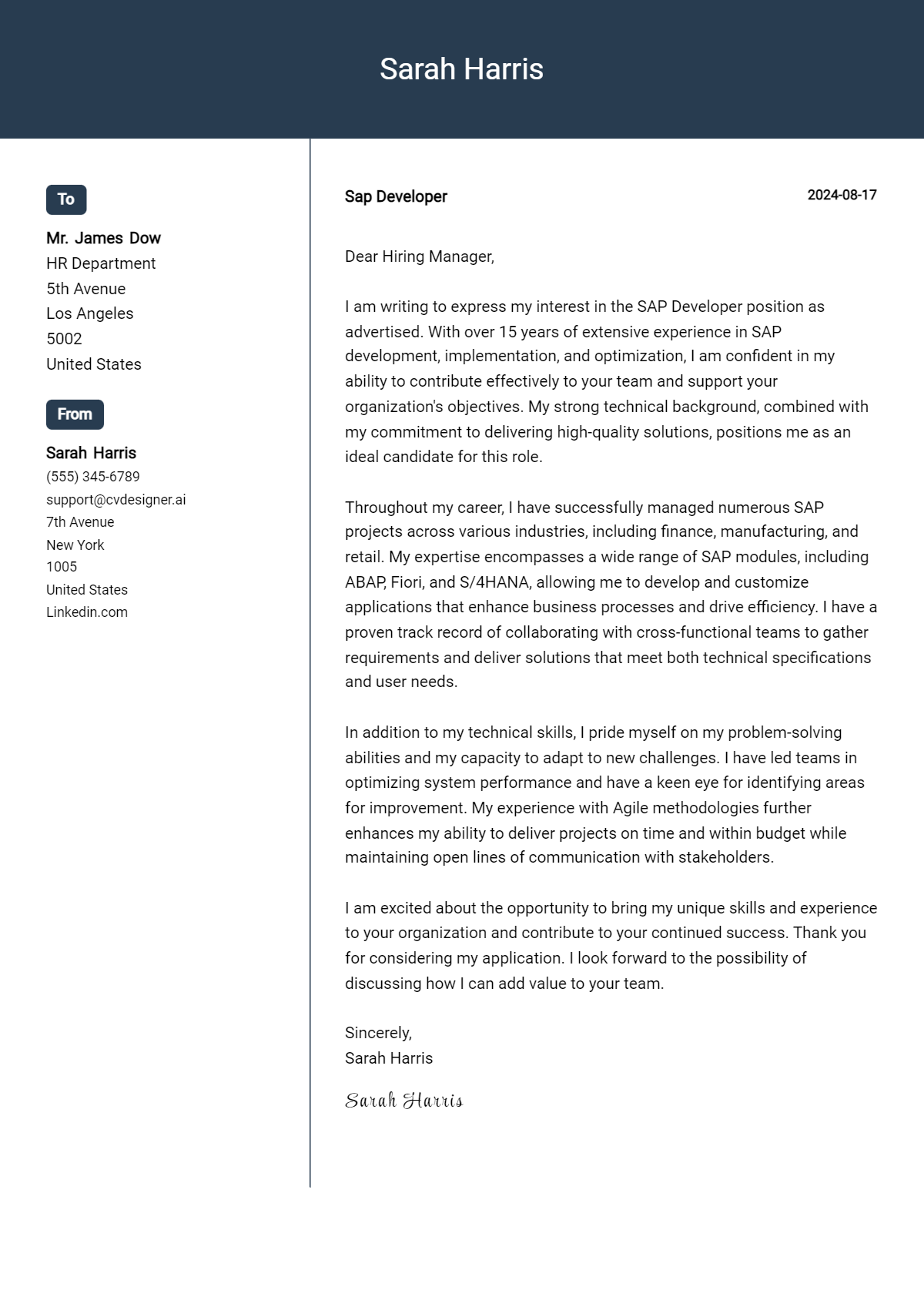 sap developer cover letter example