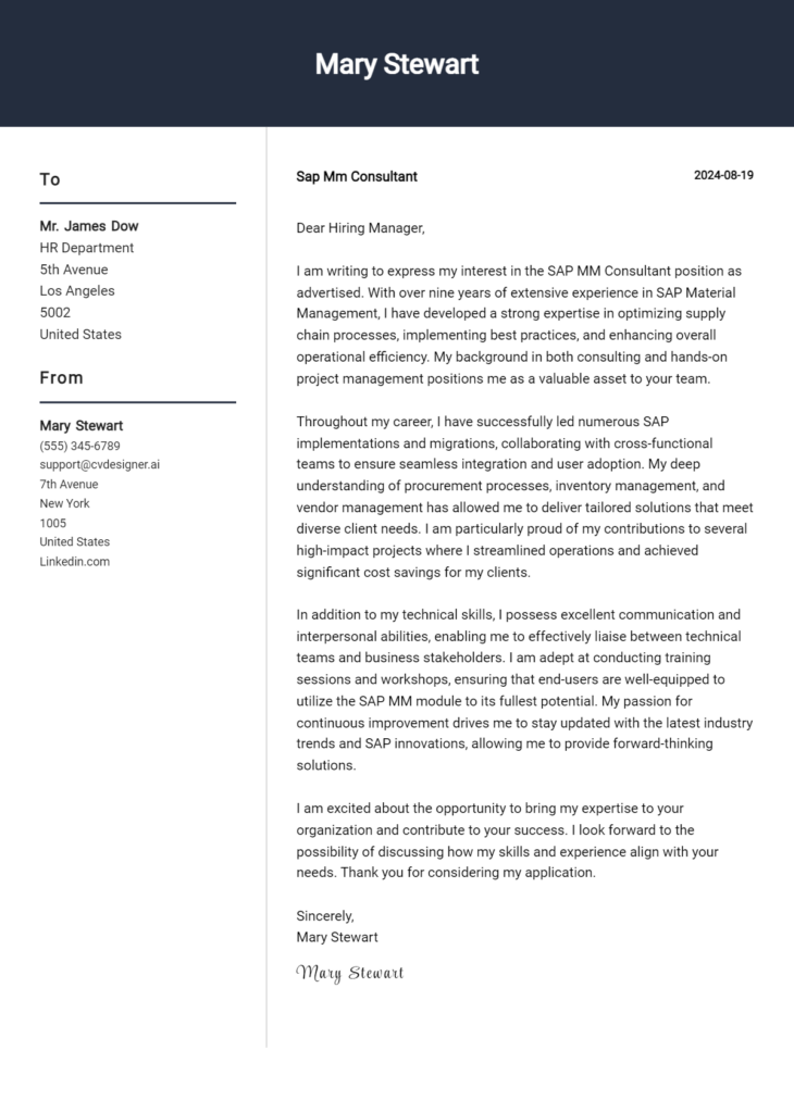 sap mm consultant cover letter example