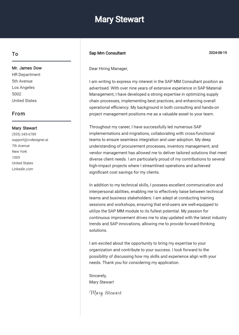 SAP Mm Consultant Cover Letter Examples & Samples for 2025