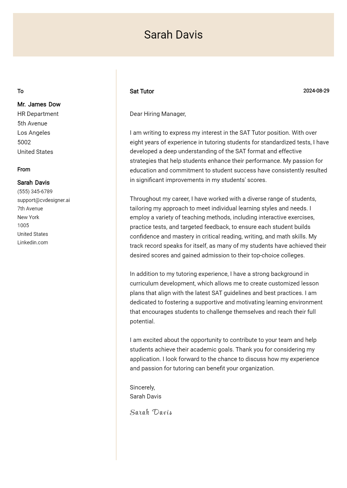 sat tutor cover letter example