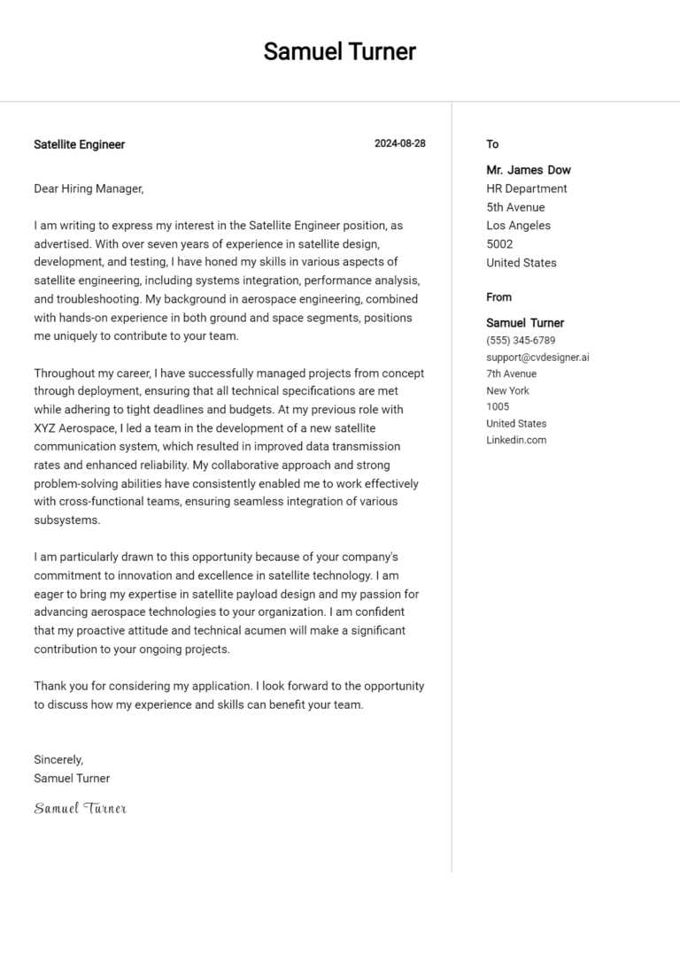 Satellite Engineer Cover Letter Example for 2025: Free Templates