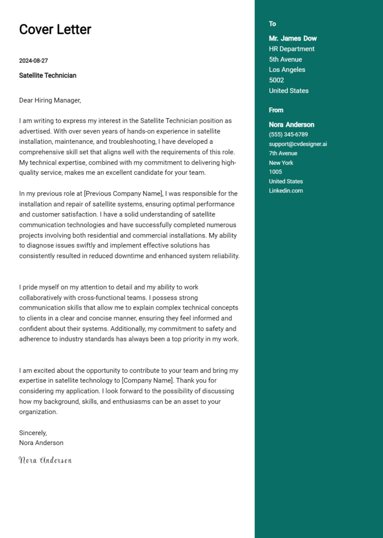 Satellite Technician Cover Letter Example for 2025: Ultimate Guide 1 Satellite Technician Cover Letter Example for 2025: Ultimate Guide