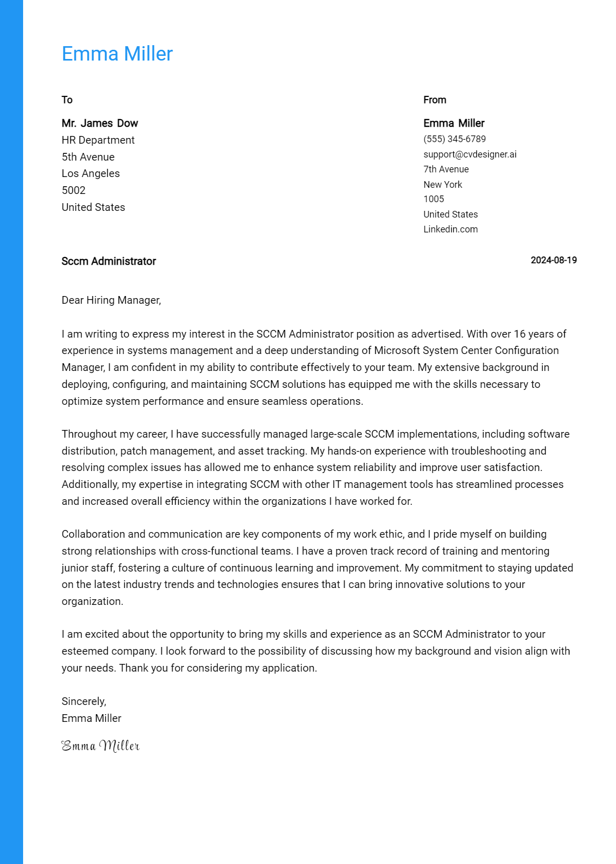 sccm administrator cover letter example