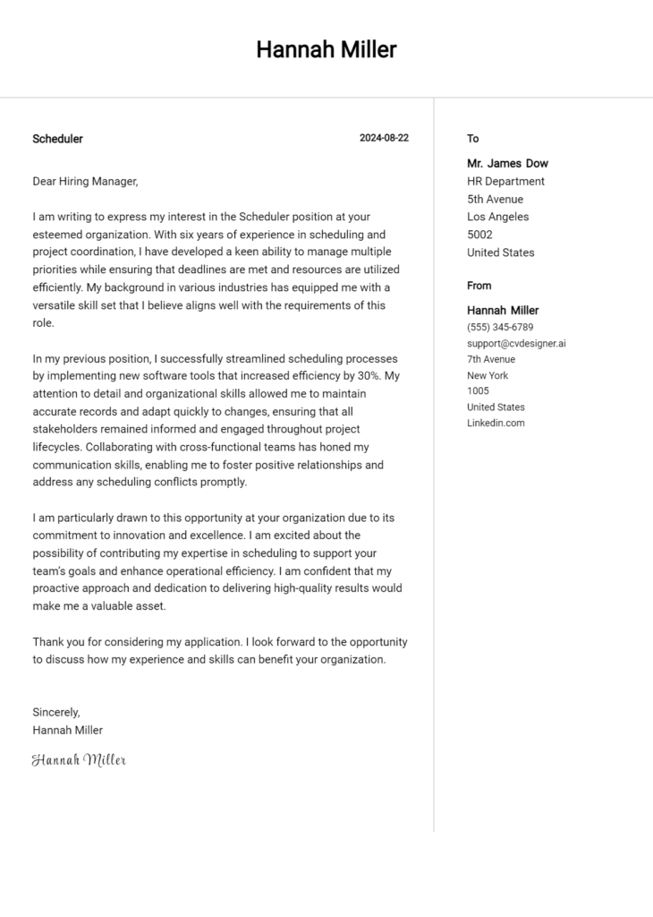 Scheduler Cover Letter Example for 2024 (Download Templates ...