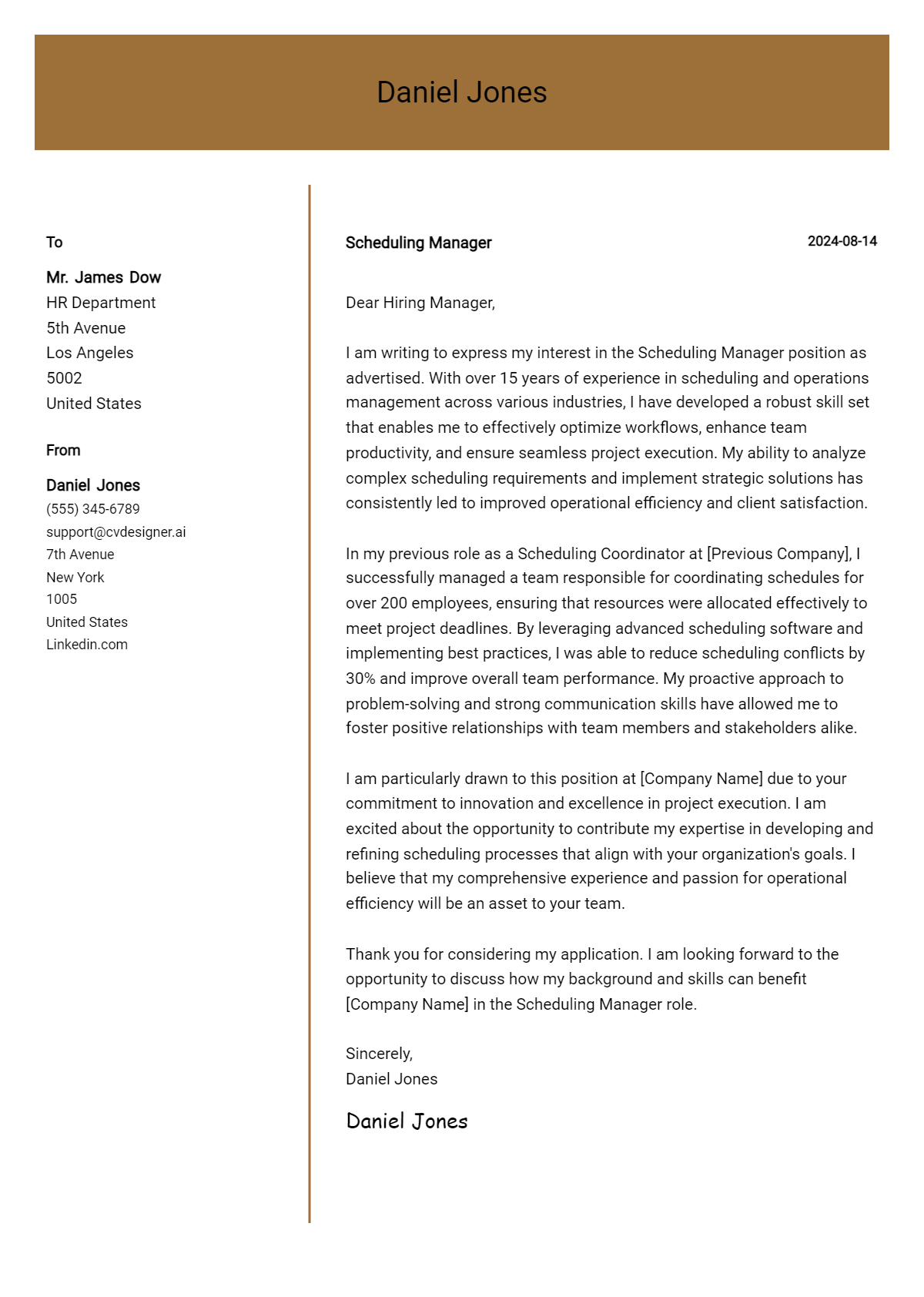 scheduling manager cover letter example