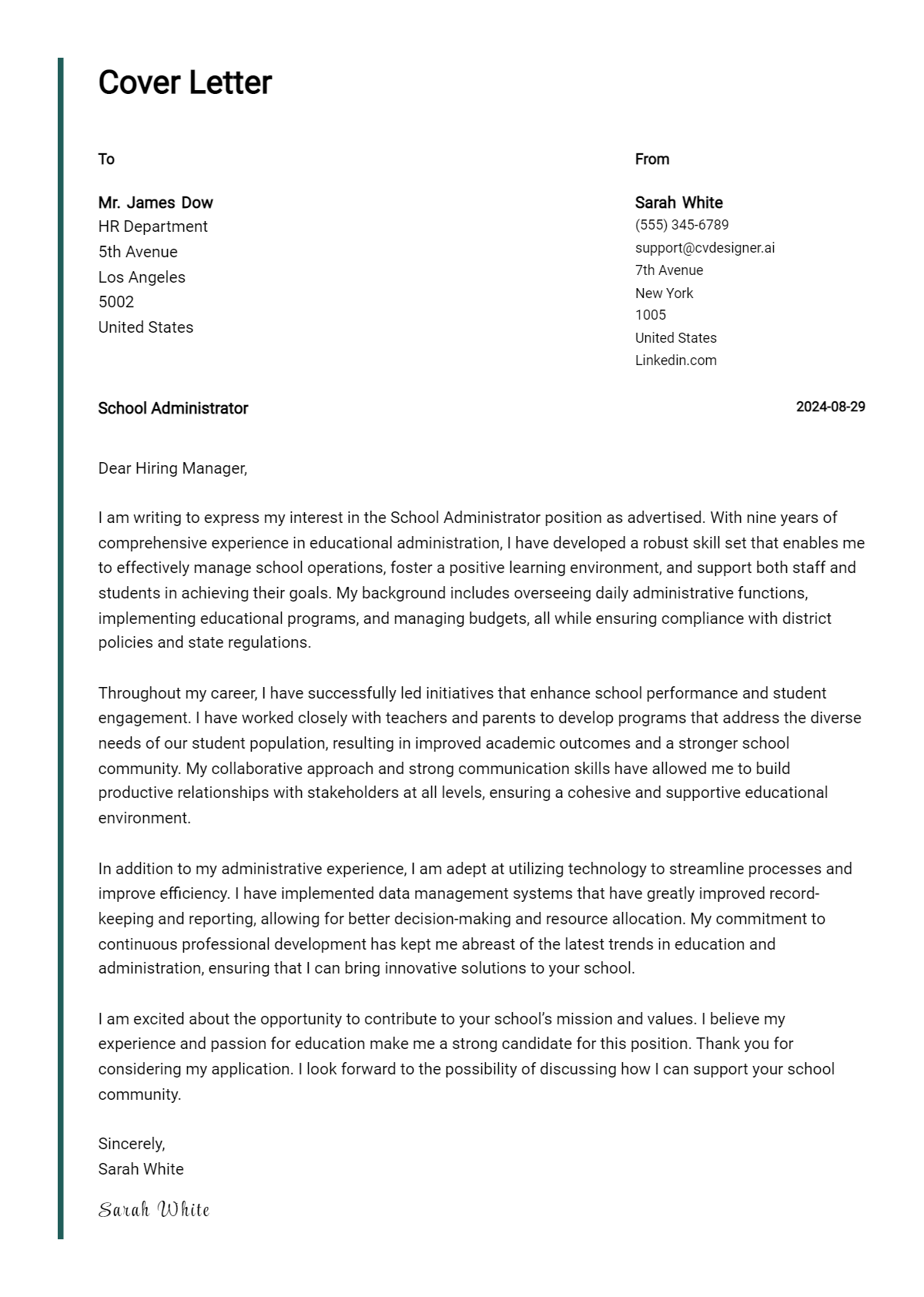 school administrator cover letter example