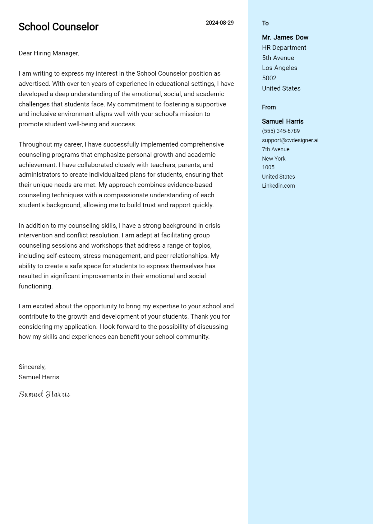 school counselor cover letter example