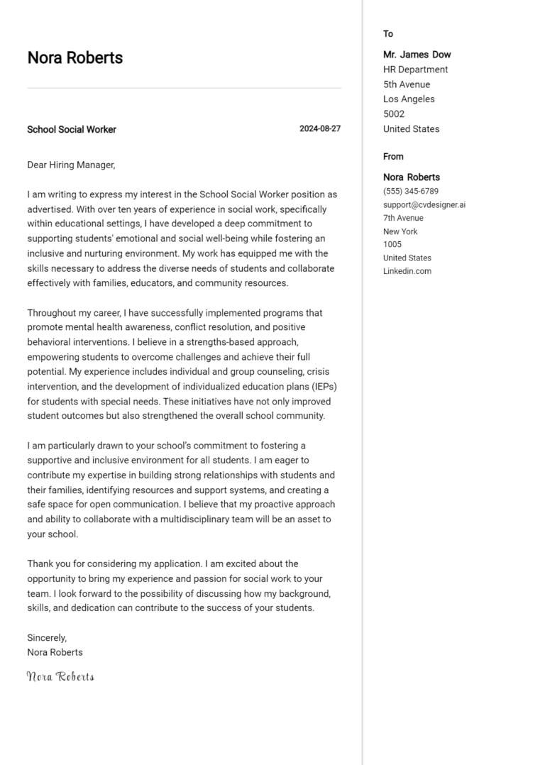 School Social Worker Cover Letter Examples for 2025 (Downloadable)