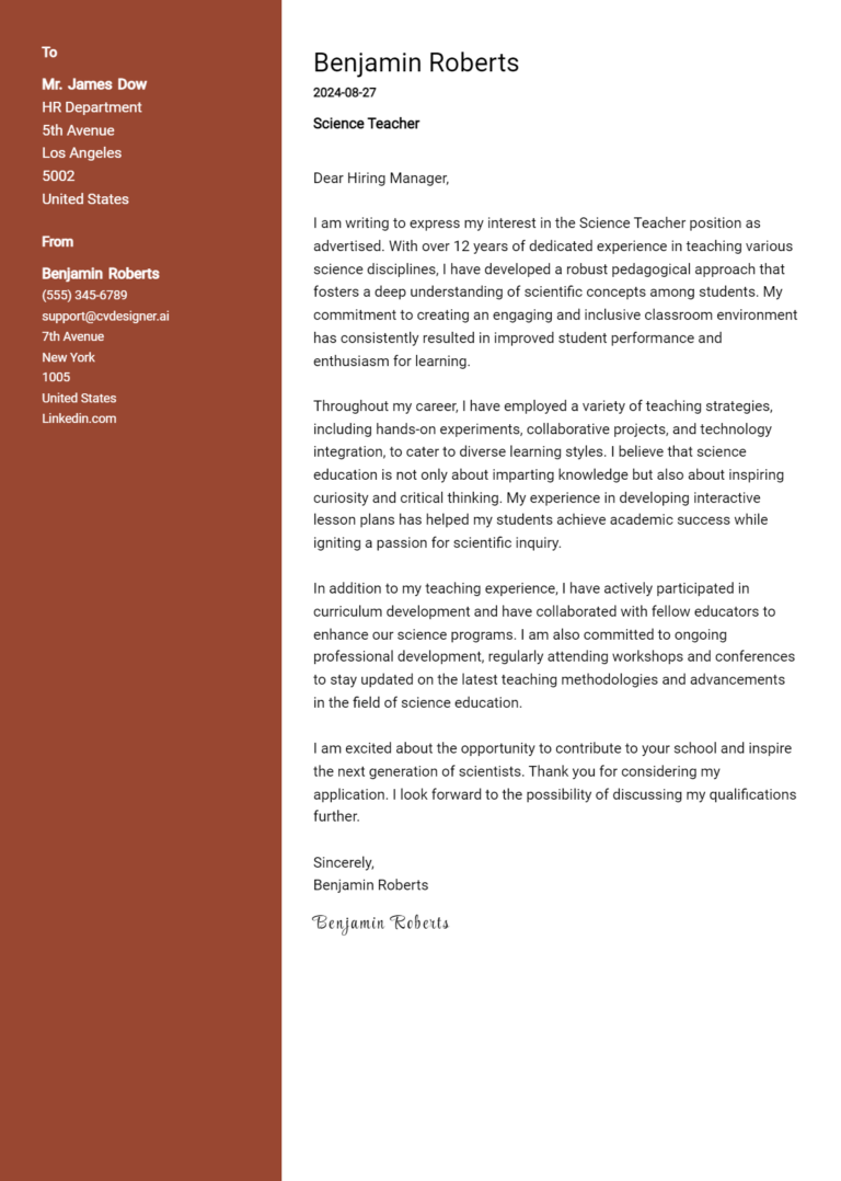 Science Teacher Cover Letter Example for 2025 (Complete Writing Guide)