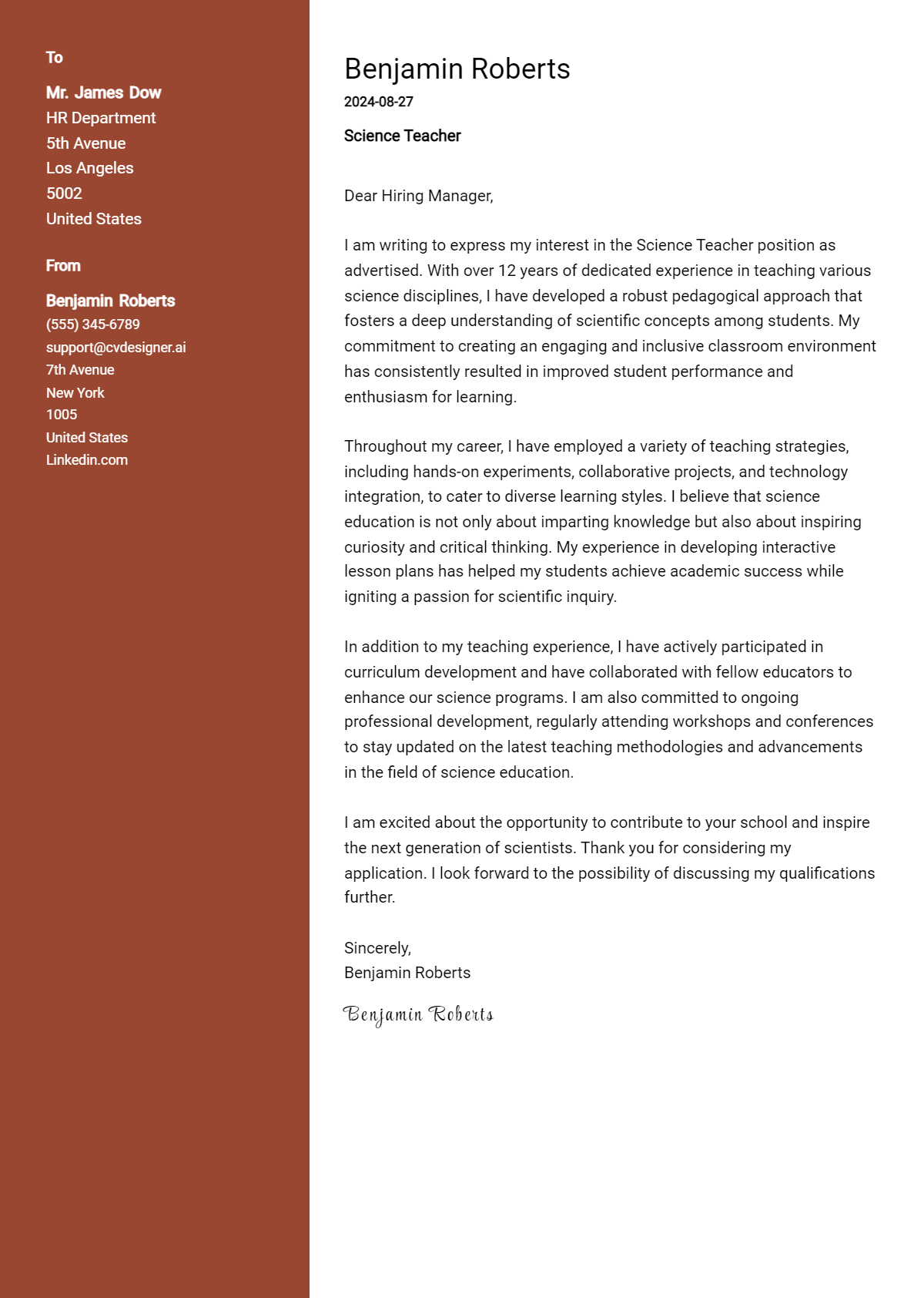 science teacher cover letter example