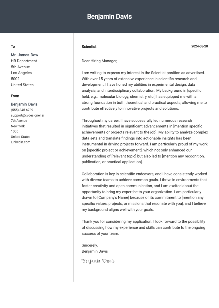 Scientist Cover Letter Example for 2025: Free Templates