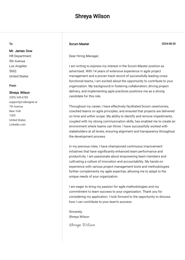 Scrum Master Cover Letter Example for 2025: Free Templates