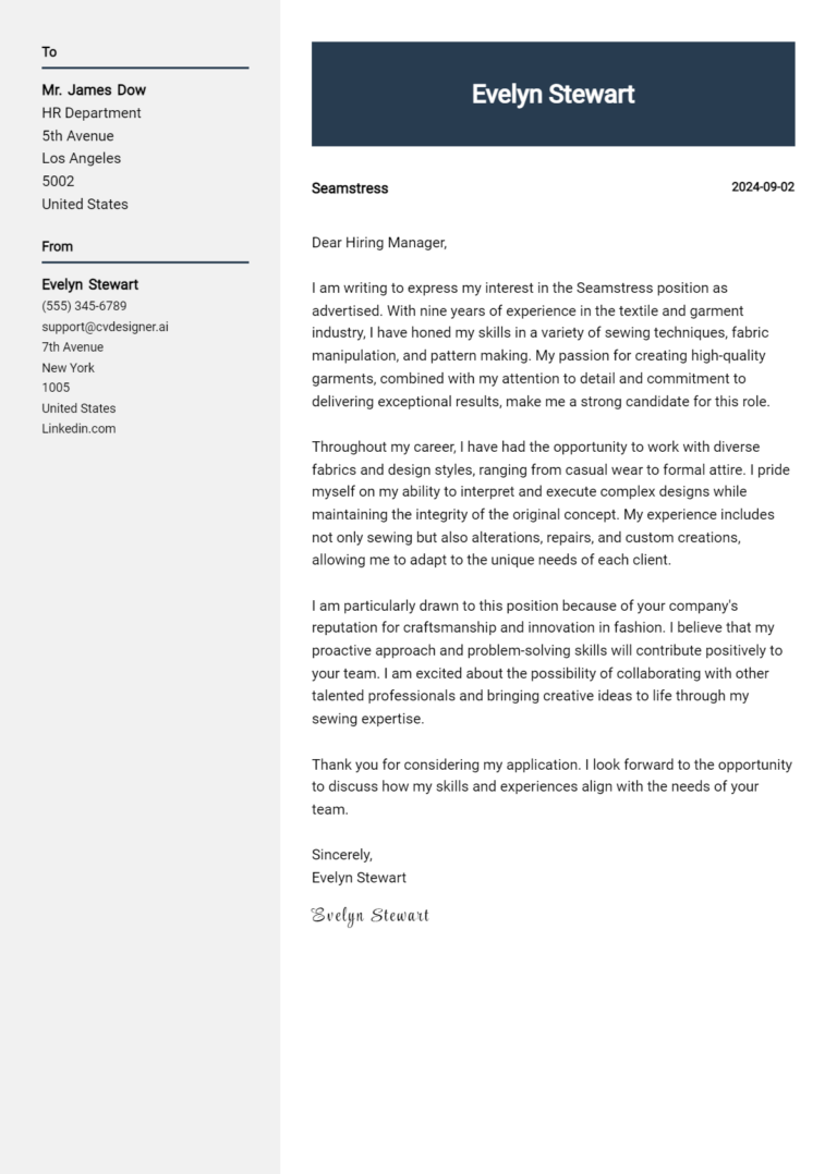 Seamstress Cover Letter Example for 2025 (Complete Writing Guide)
