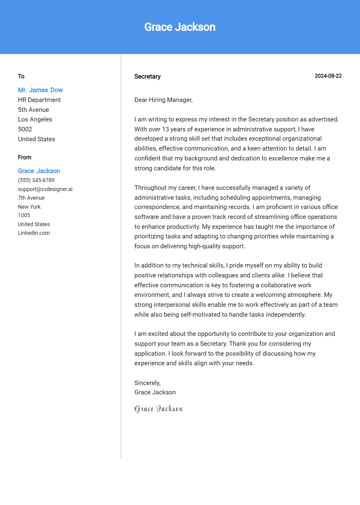 secretary cover letter example