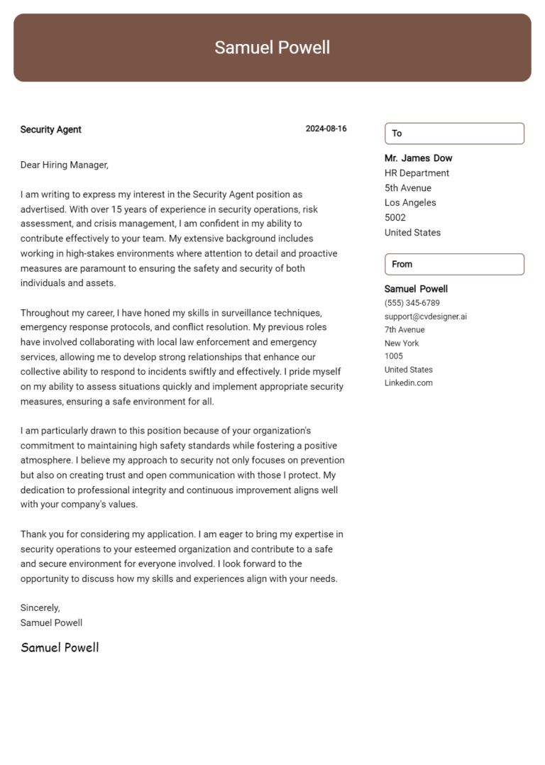 Security Agent Cover Letter Example for 2025: Free Templates 1 Security Agent Cover Letter Example for 2025: Free Templates