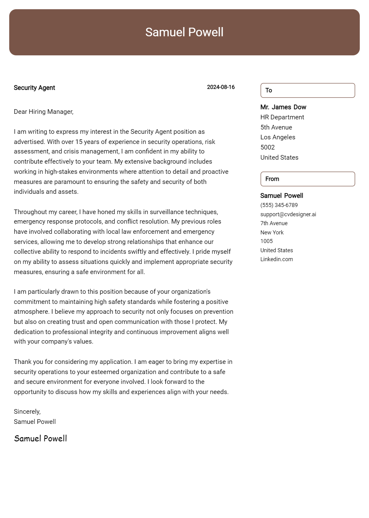 security agent cover letter example