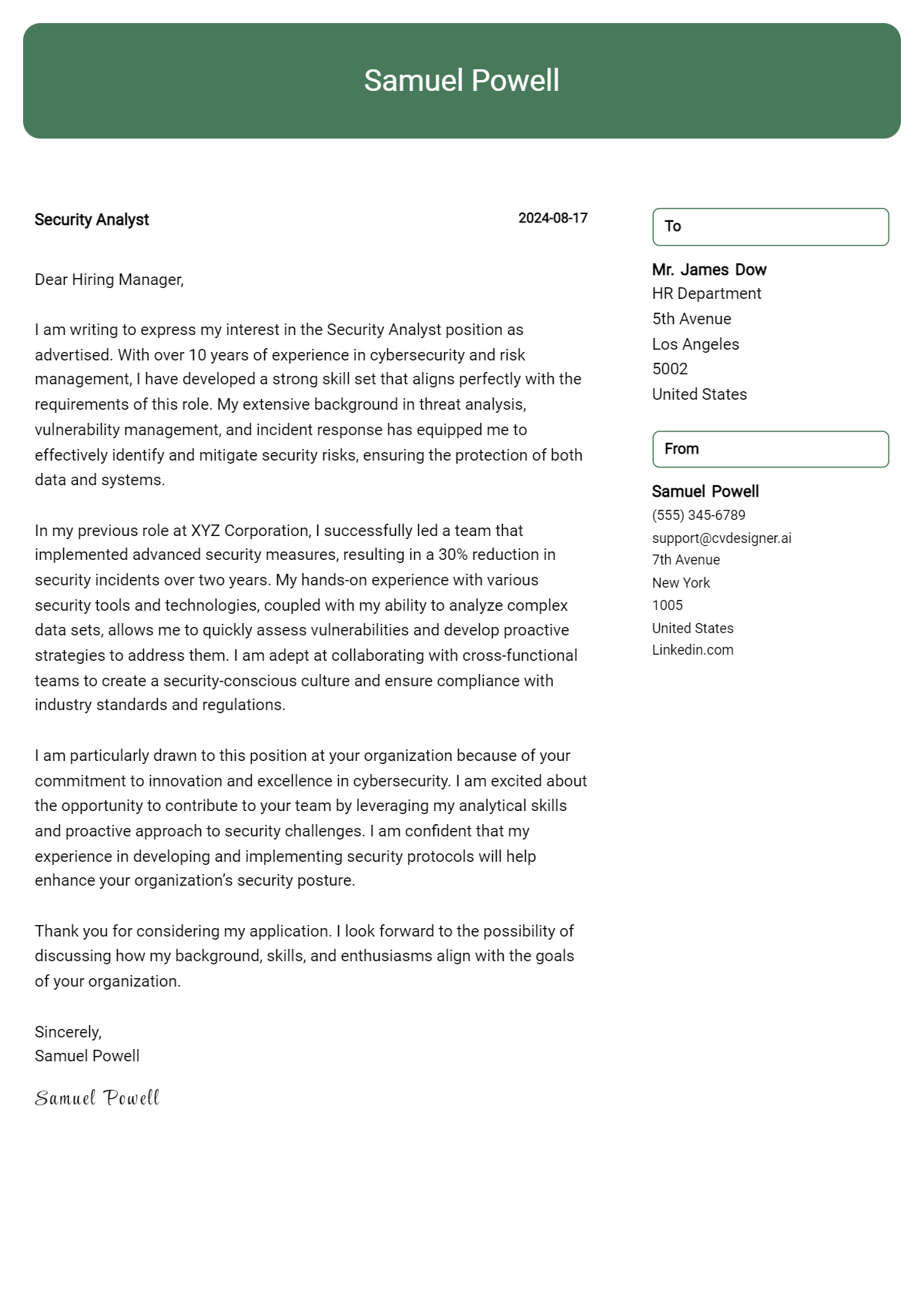 security analyst cover letter example