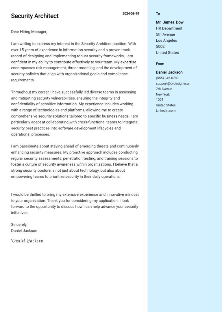 Security Architect Cover Letter Example for 2025: Expert Tips & Templates