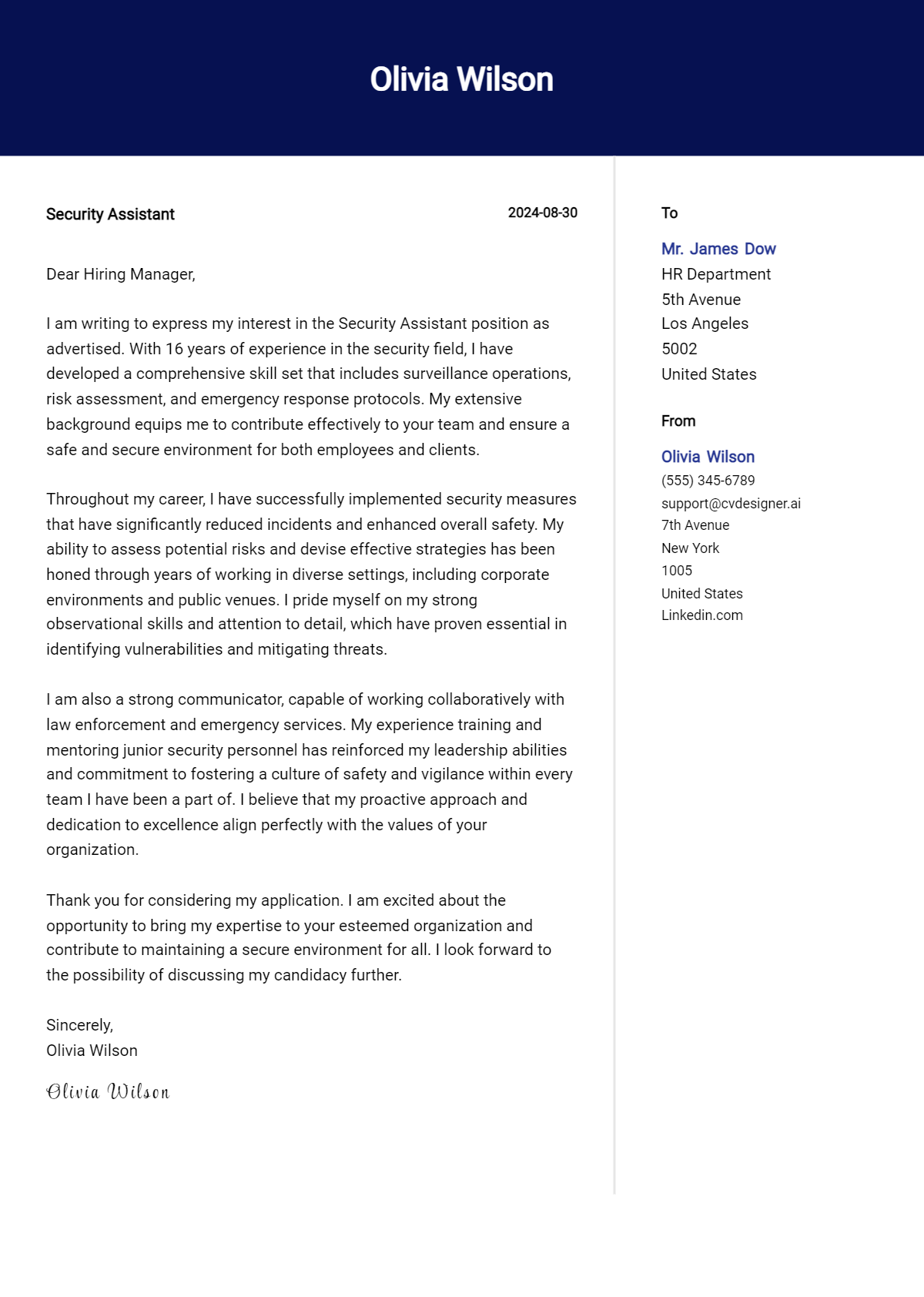 security assistant cover letter example