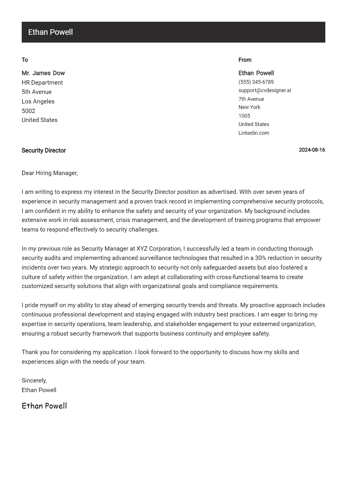 security director cover letter example