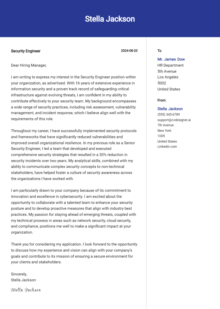 13 Security Engineer Cover Letter Example for 2025: Expert Tips & Templates