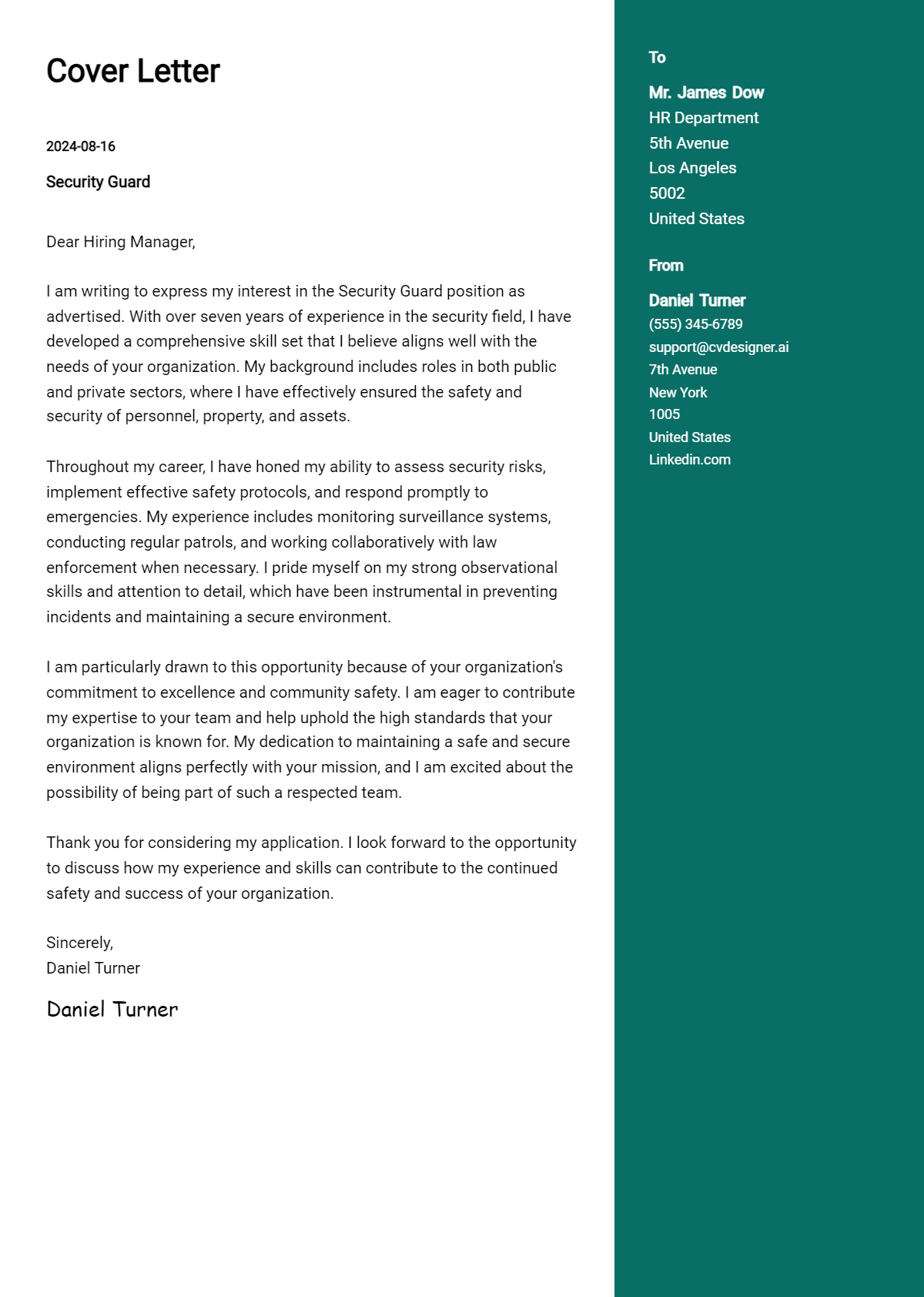 security guard cover letter example