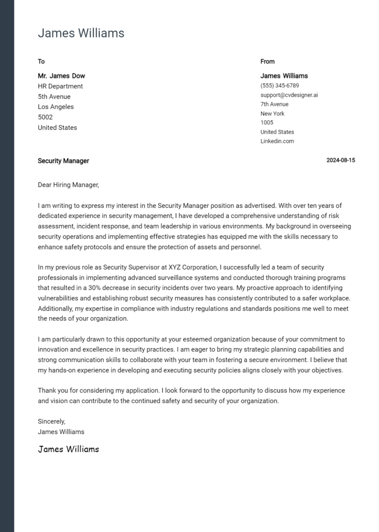 Security Manager Cover Letter Example for 2025: Proven Tips