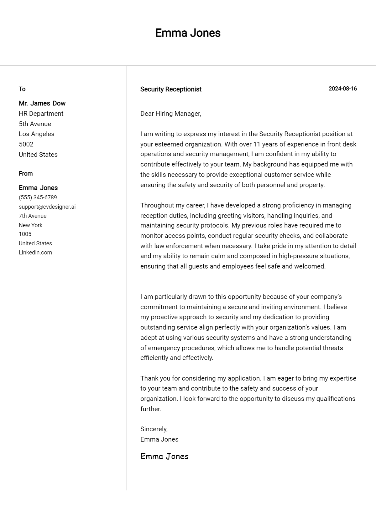 security receptionist cover letter example