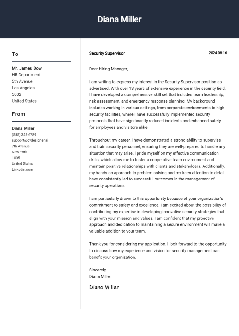 Security Supervisor Cover Letter Examples for 2025 (Downloadable)