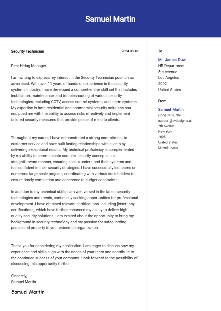 Security Technician Cover Letter Example for 2025 (Writing Guide)